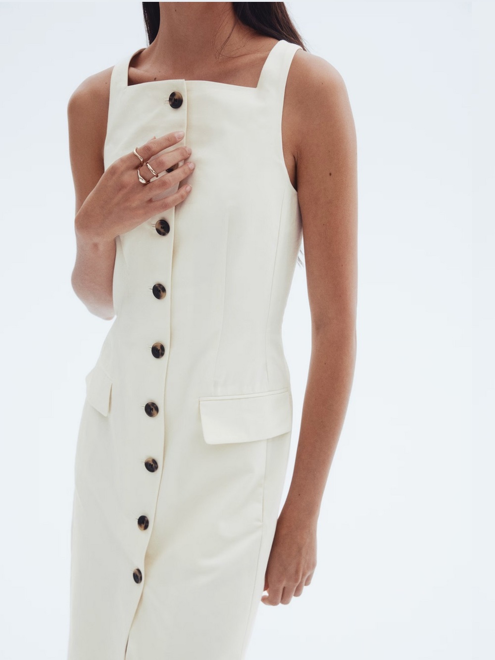 H&M Long Button Front Midi Fully Lined Dress In Cream Size L NWT
